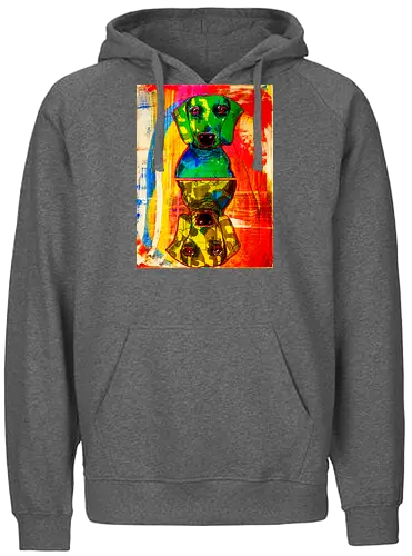 Neon Reflection: Upside Down - Pop Art, Expressionismus, Psychedelisch, Abstrakt, Neon, Spiegelung, Hund, Dackel, Jagdhund, Haustier, Kunstwerk, Gemälde, Farbenfroh, Kontrastreich, Grün, Gelb, Rot, Camouflage, Grafikdesign, Geek Art, Nerdwear, Statementshirt, Unkonventionell, Eyecatcher - Fairtrade Hoodie