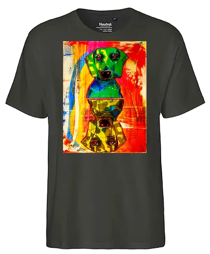 Neon Reflection: Upside Down - Pop Art, Expressionismus, Psychedelisch, Abstrakt, Neon, Spiegelung, Hund, Dackel, Jagdhund, Haustier, Kunstwerk, Gemälde, Farbenfroh, Kontrastreich, Grün, Gelb, Rot, Camouflage, Grafikdesign, Geek Art, Nerdwear, Statementshirt, Unkonventionell, Eyecatcher - Fairtrade T-Shirt