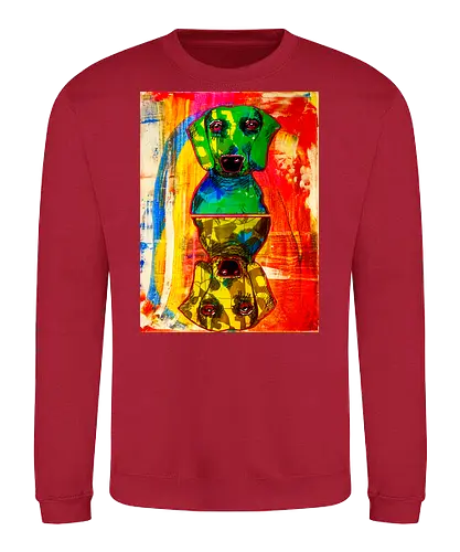 Neon Reflection: Upside Down - Pop Art, Expressionismus, Psychedelisch, Abstrakt, Neon, Spiegelung, Hund, Dackel, Jagdhund, Haustier, Kunstwerk, Gemälde, Farbenfroh, Kontrastreich, Grün, Gelb, Rot, Camouflage, Grafikdesign, Geek Art, Nerdwear, Statementshirt, Unkonventionell, Eyecatcher - Sweatshirt