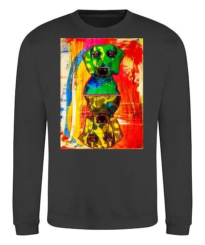 Neon Reflection: Upside Down - Pop Art, Expressionismus, Psychedelisch, Abstrakt, Neon, Spiegelung, Hund, Dackel, Jagdhund, Haustier, Kunstwerk, Gemälde, Farbenfroh, Kontrastreich, Grün, Gelb, Rot, Camouflage, Grafikdesign, Geek Art, Nerdwear, Statementshirt, Unkonventionell, Eyecatcher - Sweatshirt