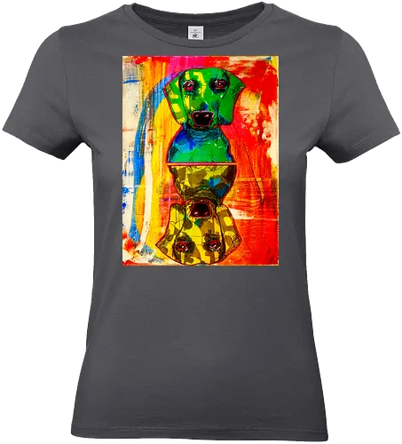 Neon Reflection: Upside Down - Pop Art, Expressionismus, Psychedelisch, Abstrakt, Neon, Spiegelung, Hund, Dackel, Jagdhund, Haustier, Kunstwerk, Gemälde, Farbenfroh, Kontrastreich, Grün, Gelb, Rot, Camouflage, Grafikdesign, Geek Art, Nerdwear, Statementshirt, Unkonventionell, Eyecatcher - Standard T-Shirt (Women)