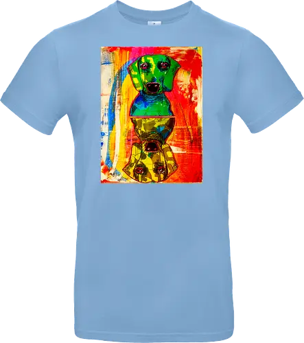 Neon Reflection: Upside Down - Pop Art, Expressionismus, Psychedelisch, Abstrakt, Neon, Spiegelung, Hund, Dackel, Jagdhund, Haustier, Kunstwerk, Gemälde, Farbenfroh, Kontrastreich, Grün, Gelb, Rot, Camouflage, Grafikdesign, Geek Art, Nerdwear, Statementshirt, Unkonventionell, Eyecatcher - Standard T-Shirt