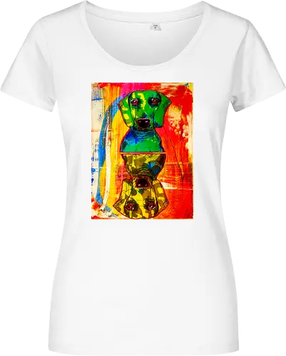 Neon Reflection: Upside Down - Pop Art, Expressionismus, Psychedelisch, Abstrakt, Neon, Spiegelung, Hund, Dackel, Jagdhund, Haustier, Kunstwerk, Gemälde, Farbenfroh, Kontrastreich, Grün, Gelb, Rot, Camouflage, Grafikdesign, Geek Art, Nerdwear, Statementshirt, Unkonventionell, Eyecatcher - Women T-Shirt