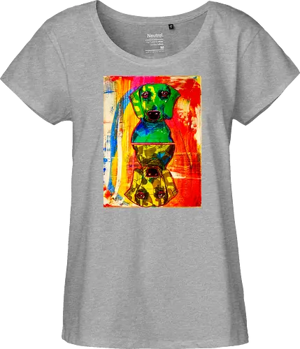 Neon Reflection: Upside Down - Pop Art, Expressionismus, Psychedelisch, Abstrakt, Neon, Spiegelung, Hund, Dackel, Jagdhund, Haustier, Kunstwerk, Gemälde, Farbenfroh, Kontrastreich, Grün, Gelb, Rot, Camouflage, Grafikdesign, Geek Art, Nerdwear, Statementshirt, Unkonventionell, Eyecatcher - Fairtrade Girl Shirt