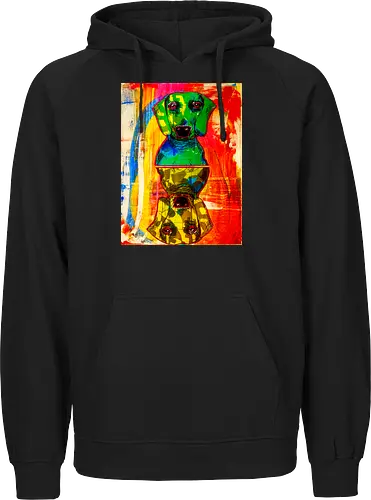 Neon Reflection: Upside Down - Pop Art, Expressionismus, Psychedelisch, Abstrakt, Neon, Spiegelung, Hund, Dackel, Jagdhund, Haustier, Kunstwerk, Gemälde, Farbenfroh, Kontrastreich, Grün, Gelb, Rot, Camouflage, Grafikdesign, Geek Art, Nerdwear, Statementshirt, Unkonventionell, Eyecatcher - Fairtrade Hoodie