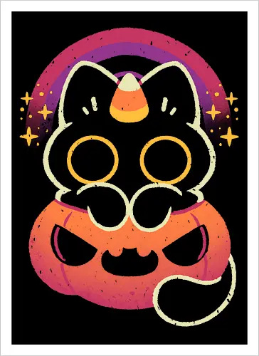 Halloween Caticorn - caticorn, halloween, cute black cat, kawaii black cat, halloween pumpkin, candy corn, rainbow, catcorn, unicorn, creepy cute, spooky cute, purple, dark, magical, xmorfina - Artprint