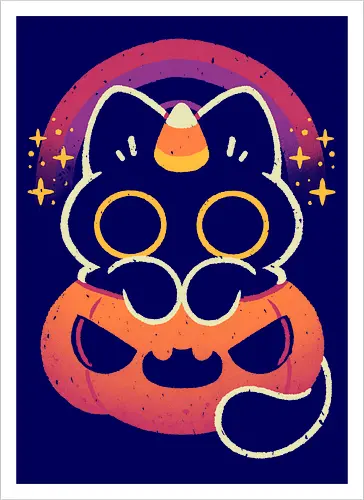 Halloween Caticorn - caticorn, halloween, cute black cat, kawaii black cat, halloween pumpkin, candy corn, rainbow, catcorn, unicorn, creepy cute, spooky cute, purple, dark, magical, xmorfina - Artprint