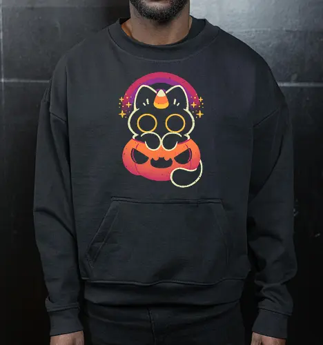Halloween Caticorn - caticorn, halloween, cute black cat, kawaii black cat, halloween pumpkin, candy corn, rainbow, catcorn, unicorn, creepy cute, spooky cute, purple, dark, magical, xmorfina - Cropped Sweatshirt