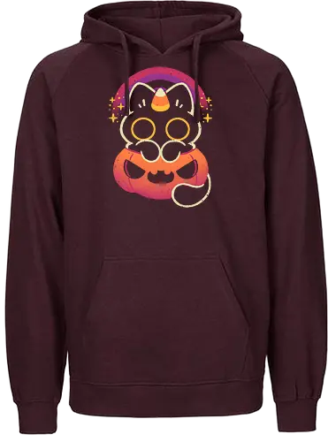 Halloween Caticorn - caticorn, halloween, cute black cat, kawaii black cat, halloween pumpkin, candy corn, rainbow, catcorn, unicorn, creepy cute, spooky cute, purple, dark, magical, xmorfina - Fairtrade Hoodie
