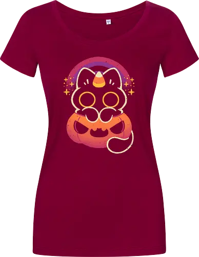 Halloween Caticorn - caticorn, halloween, cute black cat, kawaii black cat, halloween pumpkin, candy corn, rainbow, catcorn, unicorn, creepy cute, spooky cute, purple, dark, magical, xmorfina - Women T-Shirt