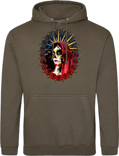 Frauenporträt mit Totenkopf-Make-up und Rosen - La Catrina, Frauenporträt, rote Rosen, Volkstradition, farbenfrohe Kunst, bunter Schleier, kulturelle Symbolik, lebendige Illustration, Blumenrahmen, markierte Augen, folkloristischer Stil, Ahnenfeier, lateinamerikanische Kunst, künstlerisches Porträt, Popkultur - Standard Hoodie