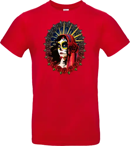 Frauenporträt mit Totenkopf-Make-up und Rosen - La Catrina, Frauenporträt, rote Rosen, Volkstradition, farbenfrohe Kunst, bunter Schleier, kulturelle Symbolik, lebendige Illustration, Blumenrahmen, markierte Augen, folkloristischer Stil, Ahnenfeier, lateinamerikanische Kunst, künstlerisches Porträt, Popkultur - Standard T-Shirt