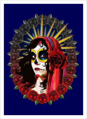 Frauenporträt mit Totenkopf-Make-up und Rosen - La Catrina, Frauenporträt, rote Rosen, Volkstradition, farbenfrohe Kunst, bunter Schleier, kulturelle Symbolik, lebendige Illustration, Blumenrahmen, markierte Augen, folkloristischer Stil, Ahnenfeier, lateinamerikanische Kunst, künstlerisches Porträt, Popkultur - Artprint