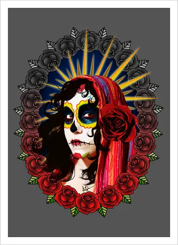 Frauenporträt mit Totenkopf-Make-up und Rosen - La Catrina, Frauenporträt, rote Rosen, Volkstradition, farbenfrohe Kunst, bunter Schleier, kulturelle Symbolik, lebendige Illustration, Blumenrahmen, markierte Augen, folkloristischer Stil, Ahnenfeier, lateinamerikanische Kunst, künstlerisches Porträt, Popkultur - Artprint