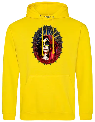 Frauenporträt mit Totenkopf-Make-up und Rosen - La Catrina, Frauenporträt, rote Rosen, Volkstradition, farbenfrohe Kunst, bunter Schleier, kulturelle Symbolik, lebendige Illustration, Blumenrahmen, markierte Augen, folkloristischer Stil, Ahnenfeier, lateinamerikanische Kunst, künstlerisches Porträt, Popkultur - Standard Hoodie