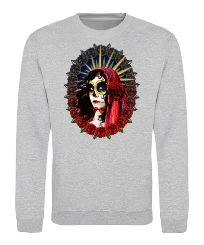 Frauenporträt mit Totenkopf-Make-up und Rosen - La Catrina, Frauenporträt, rote Rosen, Volkstradition, farbenfrohe Kunst, bunter Schleier, kulturelle Symbolik, lebendige Illustration, Blumenrahmen, markierte Augen, folkloristischer Stil, Ahnenfeier, lateinamerikanische Kunst, künstlerisches Porträt, Popkultur - Sweatshirt