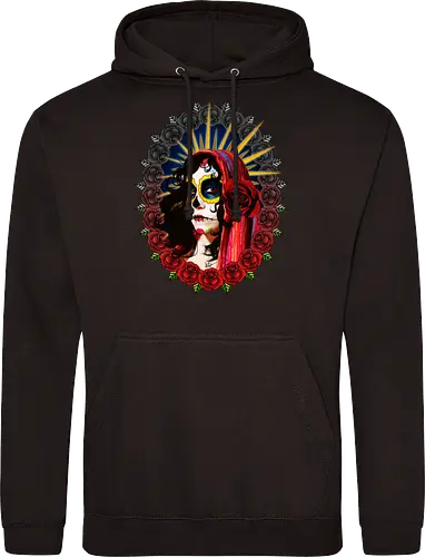 Frauenporträt mit Totenkopf-Make-up und Rosen - La Catrina, Frauenporträt, rote Rosen, Volkstradition, farbenfrohe Kunst, bunter Schleier, kulturelle Symbolik, lebendige Illustration, Blumenrahmen, markierte Augen, folkloristischer Stil, Ahnenfeier, lateinamerikanische Kunst, künstlerisches Porträt, Popkultur - Standard Hoodie
