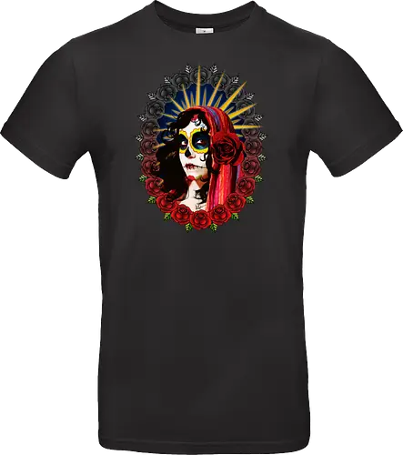 Frauenporträt mit Totenkopf-Make-up und Rosen - La Catrina, Frauenporträt, rote Rosen, Volkstradition, farbenfrohe Kunst, bunter Schleier, kulturelle Symbolik, lebendige Illustration, Blumenrahmen, markierte Augen, folkloristischer Stil, Ahnenfeier, lateinamerikanische Kunst, künstlerisches Porträt, Popkultur - Standard T-Shirt