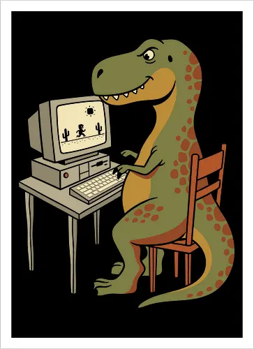 No Connection: The Offline Gamer - funny dinosaur shirt, no internet graphic tee, offline game apparel, retro computer streetwear, tech humor clothing, 90s gamer merch, relatable internet design, cute t-rex shirt, vintage PC aesthetic, web developer fashion - Artprint