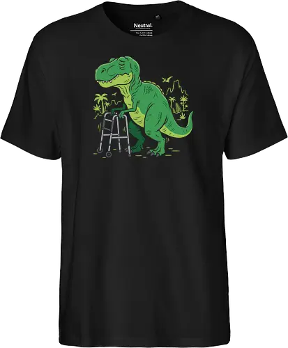 Prehistoric Problems: The Senior T-Rex - funny dinosaur shirt, old t-rex graphic tee, senior citizen apparel, sarcastic animal streetwear, funny birthday gift clothing, prehistoric humor design, tired dinosaur merch, quirky aesthetic fashion, over the hill shirt, humorous walker graphic - Fairtrade T-Shirt