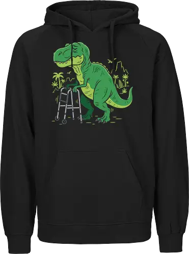Prehistoric Problems: The Senior T-Rex - funny dinosaur shirt, old t-rex graphic tee, senior citizen apparel, sarcastic animal streetwear, funny birthday gift clothing, prehistoric humor design, tired dinosaur merch, quirky aesthetic fashion, over the hill shirt, humorous walker graphic - Fairtrade Hoodie