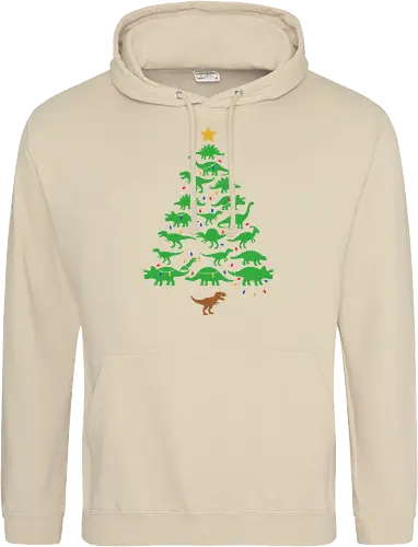 Jurassic Holiday: The Dinosaur Tree - dinosaur christmas tree shirt, funny holiday graphic tee, jurassic xmas apparel, cute dinosaur silhouette clothing, minimalist holiday streetwear, festive t-rex design, clever christmas merch, unique ugly sweater alternative, aesthetic holiday fashion, string lights dino tee - Standard Hoodie