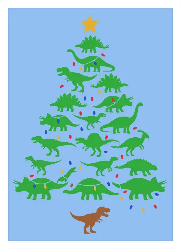 Jurassic Holiday: The Dinosaur Tree - dinosaur christmas tree shirt, funny holiday graphic tee, jurassic xmas apparel, cute dinosaur silhouette clothing, minimalist holiday streetwear, festive t-rex design, clever christmas merch, unique ugly sweater alternative, aesthetic holiday fashion, string lights dino tee - Artprint