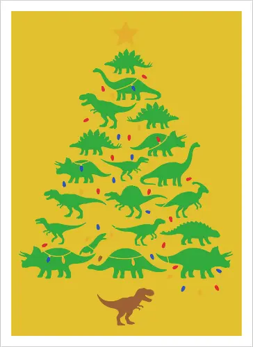 Jurassic Holiday: The Dinosaur Tree - dinosaur christmas tree shirt, funny holiday graphic tee, jurassic xmas apparel, cute dinosaur silhouette clothing, minimalist holiday streetwear, festive t-rex design, clever christmas merch, unique ugly sweater alternative, aesthetic holiday fashion, string lights dino tee - Artprint