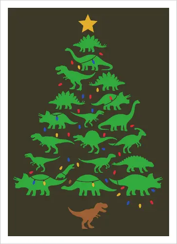 Jurassic Holiday: The Dinosaur Tree - dinosaur christmas tree shirt, funny holiday graphic tee, jurassic xmas apparel, cute dinosaur silhouette clothing, minimalist holiday streetwear, festive t-rex design, clever christmas merch, unique ugly sweater alternative, aesthetic holiday fashion, string lights dino tee - Artprint