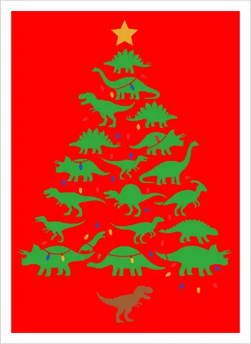 Jurassic Holiday: The Dinosaur Tree - dinosaur christmas tree shirt, funny holiday graphic tee, jurassic xmas apparel, cute dinosaur silhouette clothing, minimalist holiday streetwear, festive t-rex design, clever christmas merch, unique ugly sweater alternative, aesthetic holiday fashion, string lights dino tee - Artprint