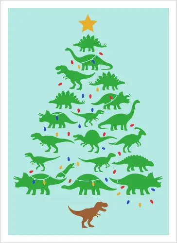 Jurassic Holiday: The Dinosaur Tree - dinosaur christmas tree shirt, funny holiday graphic tee, jurassic xmas apparel, cute dinosaur silhouette clothing, minimalist holiday streetwear, festive t-rex design, clever christmas merch, unique ugly sweater alternative, aesthetic holiday fashion, string lights dino tee - Artprint