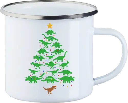 Jurassic Holiday: The Dinosaur Tree - dinosaur christmas tree shirt, funny holiday graphic tee, jurassic xmas apparel, cute dinosaur silhouette clothing, minimalist holiday streetwear, festive t-rex design, clever christmas merch, unique ugly sweater alternative, aesthetic holiday fashion, string lights dino tee - Enamel Mug