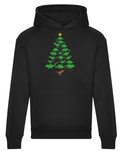 Jurassic Holiday: The Dinosaur Tree - dinosaur christmas tree shirt, funny holiday graphic tee, jurassic xmas apparel, cute dinosaur silhouette clothing, minimalist holiday streetwear, festive t-rex design, clever christmas merch, unique ugly sweater alternative, aesthetic holiday fashion, string lights dino tee - Heavyweight Hoodie