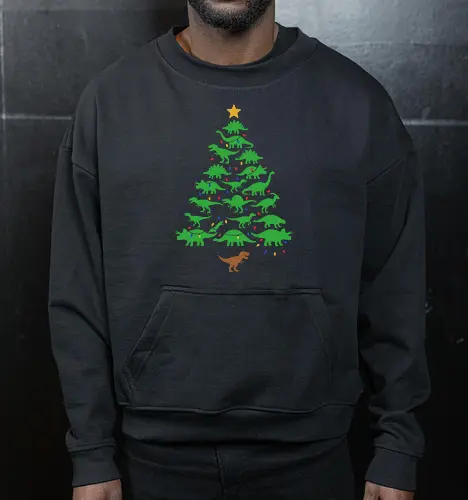 Jurassic Holiday: The Dinosaur Tree - dinosaur christmas tree shirt, funny holiday graphic tee, jurassic xmas apparel, cute dinosaur silhouette clothing, minimalist holiday streetwear, festive t-rex design, clever christmas merch, unique ugly sweater alternative, aesthetic holiday fashion, string lights dino tee - Cropped Sweatshirt