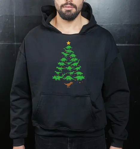 Jurassic Holiday: The Dinosaur Tree - dinosaur christmas tree shirt, funny holiday graphic tee, jurassic xmas apparel, cute dinosaur silhouette clothing, minimalist holiday streetwear, festive t-rex design, clever christmas merch, unique ugly sweater alternative, aesthetic holiday fashion, string lights dino tee - Cropped Hoodie