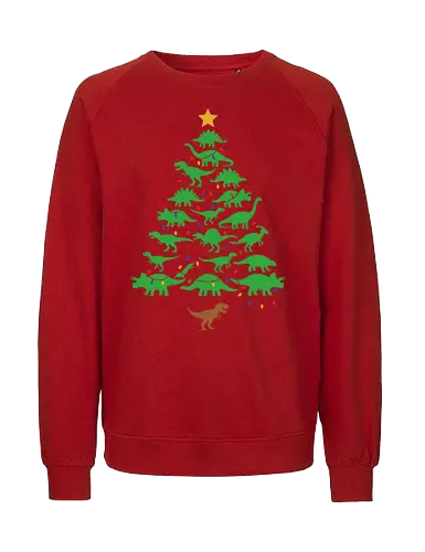 Jurassic Holiday: The Dinosaur Tree - dinosaur christmas tree shirt, funny holiday graphic tee, jurassic xmas apparel, cute dinosaur silhouette clothing, minimalist holiday streetwear, festive t-rex design, clever christmas merch, unique ugly sweater alternative, aesthetic holiday fashion, string lights dino tee - Fairtrade Sweatshirt
