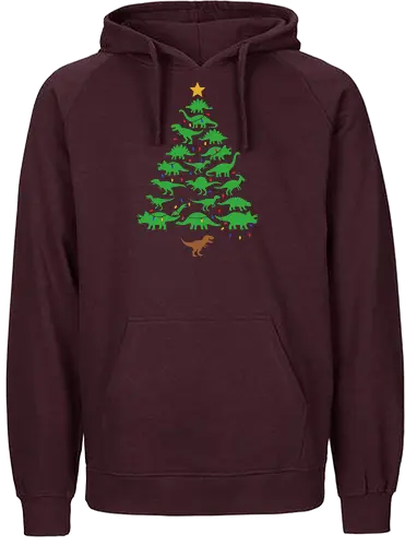 Jurassic Holiday: The Dinosaur Tree - dinosaur christmas tree shirt, funny holiday graphic tee, jurassic xmas apparel, cute dinosaur silhouette clothing, minimalist holiday streetwear, festive t-rex design, clever christmas merch, unique ugly sweater alternative, aesthetic holiday fashion, string lights dino tee - Fairtrade Hoodie