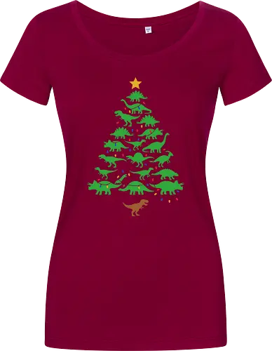 Jurassic Holiday: The Dinosaur Tree - dinosaur christmas tree shirt, funny holiday graphic tee, jurassic xmas apparel, cute dinosaur silhouette clothing, minimalist holiday streetwear, festive t-rex design, clever christmas merch, unique ugly sweater alternative, aesthetic holiday fashion, string lights dino tee - Women T-Shirt