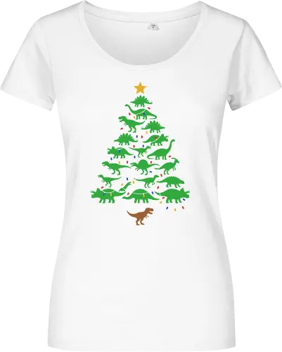 Jurassic Holiday: The Dinosaur Tree - dinosaur christmas tree shirt, funny holiday graphic tee, jurassic xmas apparel, cute dinosaur silhouette clothing, minimalist holiday streetwear, festive t-rex design, clever christmas merch, unique ugly sweater alternative, aesthetic holiday fashion, string lights dino tee - Women T-Shirt