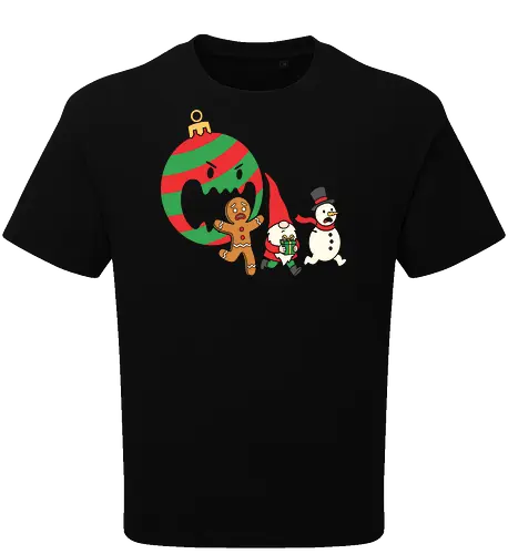 Holiday Havoc: The Killer Ornament - anti christmas streetwear, running gingerbread man design, spooky festive clothing, chaotic winter merch, quirky holiday fashion, aesthetic flat vector art, alternative christmas tee, funny christmas shirt, killer ornament graphic tee, dark humor holiday apparel - Oversize T-Shirt