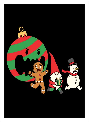 Holiday Havoc: The Killer Ornament - anti christmas streetwear, running gingerbread man design, spooky festive clothing, chaotic winter merch, quirky holiday fashion, aesthetic flat vector art, alternative christmas tee, funny christmas shirt, killer ornament graphic tee, dark humor holiday apparel - Artprint