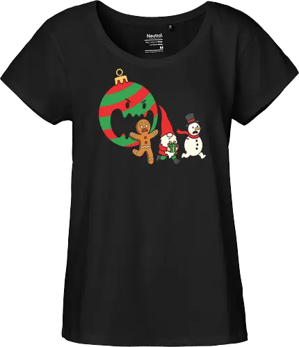Holiday Havoc: The Killer Ornament - anti christmas streetwear, running gingerbread man design, spooky festive clothing, chaotic winter merch, quirky holiday fashion, aesthetic flat vector art, alternative christmas tee, funny christmas shirt, killer ornament graphic tee, dark humor holiday apparel - Fairtrade Girl Shirt