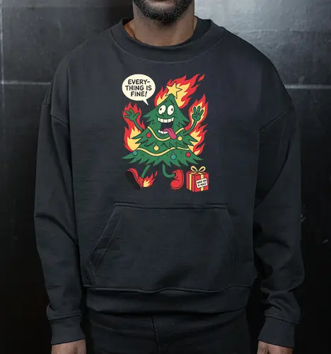 Holiday Chaos: This is Fine Tree - chaotic holiday graphic tee, burning christmas tree design, sarcastic festive streetwear, retro rubber hose cartoon, funny christmas tree shirt, this is fine meme apparel, dark humor christmas merch, alternative ugly sweater, funny holiday stress clothing, internet meme fashion - Cropped Sweatshirt