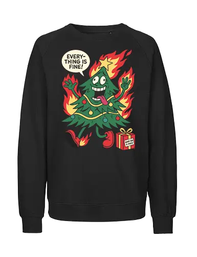 Holiday Chaos: This is Fine Tree - chaotic holiday graphic tee, burning christmas tree design, sarcastic festive streetwear, retro rubber hose cartoon, funny christmas tree shirt, this is fine meme apparel, dark humor christmas merch, alternative ugly sweater, funny holiday stress clothing, internet meme fashion - Fairtrade Sweatshirt