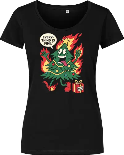 Holiday Chaos: This is Fine Tree - chaotic holiday graphic tee, burning christmas tree design, sarcastic festive streetwear, retro rubber hose cartoon, funny christmas tree shirt, this is fine meme apparel, dark humor christmas merch, alternative ugly sweater, funny holiday stress clothing, internet meme fashion - Women T-Shirt