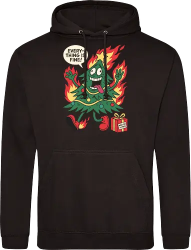Holiday Chaos: This is Fine Tree - chaotic holiday graphic tee, burning christmas tree design, sarcastic festive streetwear, retro rubber hose cartoon, funny christmas tree shirt, this is fine meme apparel, dark humor christmas merch, alternative ugly sweater, funny holiday stress clothing, internet meme fashion - Standard Hoodie