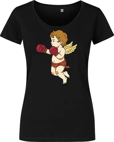 Fighting Cupid: The Boxing Angel - fighting cupid graphic tee, funny valentine apparel, retro cherub streetwear, boxing angel shirt, ironic romantic clothing, classic art parody tee, minimalist aesthetic fashion, love hurts graphic, quirky sports merch, vintage angel design - Women T-Shirt