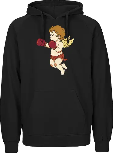 Fighting Cupid: The Boxing Angel - fighting cupid graphic tee, funny valentine apparel, retro cherub streetwear, boxing angel shirt, ironic romantic clothing, classic art parody tee, minimalist aesthetic fashion, love hurts graphic, quirky sports merch, vintage angel design - Fairtrade Hoodie