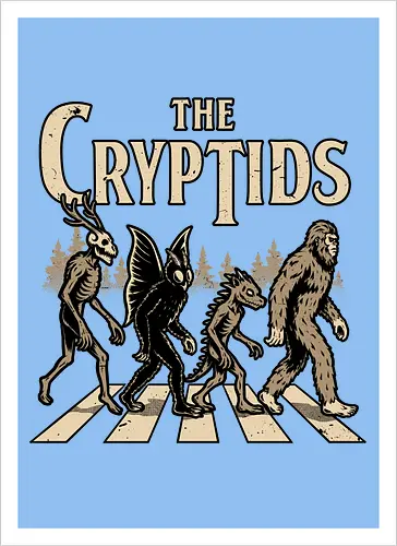 Cryptids Album Cover - Spooky Season, cryptids, cryptidm bigfoot, Cryptozoology, Sasquatch, chupacabra, mothman, wendigo, conspiracy, creatures, creature, mythical, Magical Creatures, Mythological Creatures, Strange Creatures, Mythological Creature, Mythical Creature, myth, mythical, legendary, monsters, monster, dark, Rock & Roll, forest, horror, scary, Music, Music Group, Musical, Classic, Rock, Rock And Roll, Rock N Roll, Album Cover, Album, Halloween, Eerie, Fright, Creepy, Halloween Design, Halloween Art, Halloween Aesthetic, Halloween Vibes, fun, Funny, Spooky - Artprint