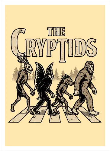 Cryptids Album Cover - Spooky Season, cryptids, cryptidm bigfoot, Cryptozoology, Sasquatch, chupacabra, mothman, wendigo, conspiracy, creatures, creature, mythical, Magical Creatures, Mythological Creatures, Strange Creatures, Mythological Creature, Mythical Creature, myth, mythical, legendary, monsters, monster, dark, Rock & Roll, forest, horror, scary, Music, Music Group, Musical, Classic, Rock, Rock And Roll, Rock N Roll, Album Cover, Album, Halloween, Eerie, Fright, Creepy, Halloween Design, Halloween Art, Halloween Aesthetic, Halloween Vibes, fun, Funny, Spooky - Artprint